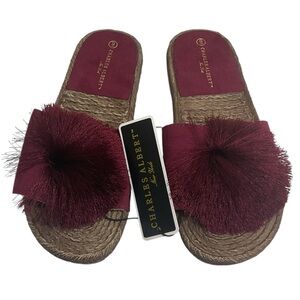 Charles Albert New York Women’s Luxe Pom-Pom Slide Sandals – Burgundy Satin Sz 9